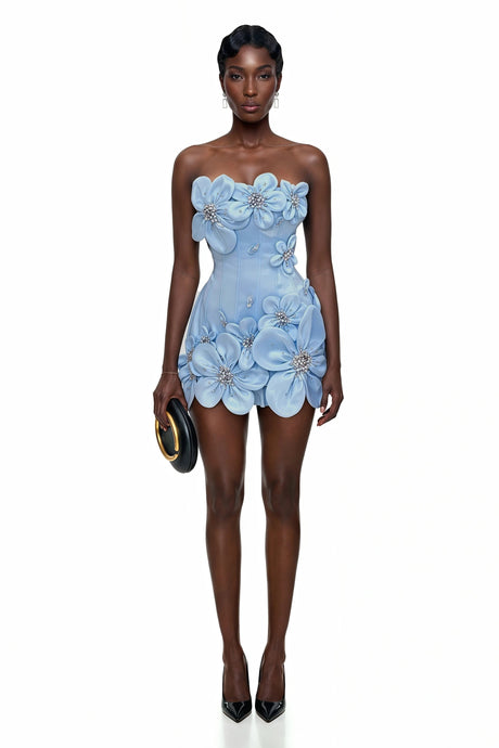 Miriam Mini Dress Blue Off Shoulder with 3D Petals