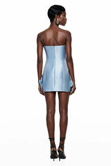 Widaad Blue Off Shoulder Mini Dress with 3D Petals