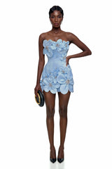 Widaad Blue Off Shoulder Mini Dress with 3D Petals