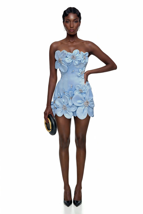 Miriam Mini Dress Blue Off Shoulder with 3D Petals