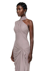 Wilhelmina Dusty Pink Asymmetrical Ruched Maxi Dress