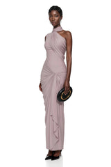 Wilhelmina Dusty Pink Asymmetrical Ruched Maxi Dress