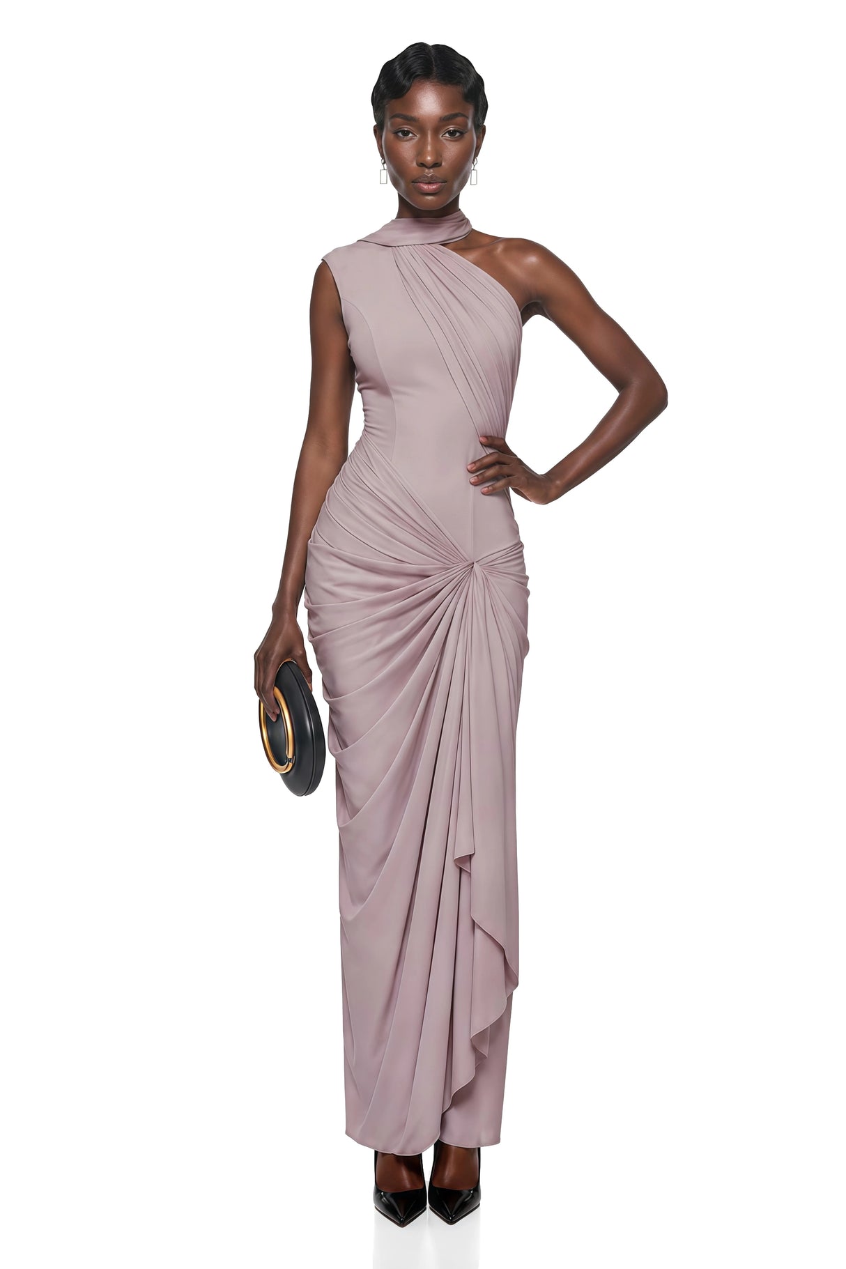 Wilhelmina Dusty Pink Asymmetrical Ruched Maxi Dress