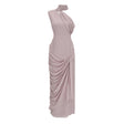 Wilhelmina Dusty Pink Asymmetrical Ruched Maxi Dress