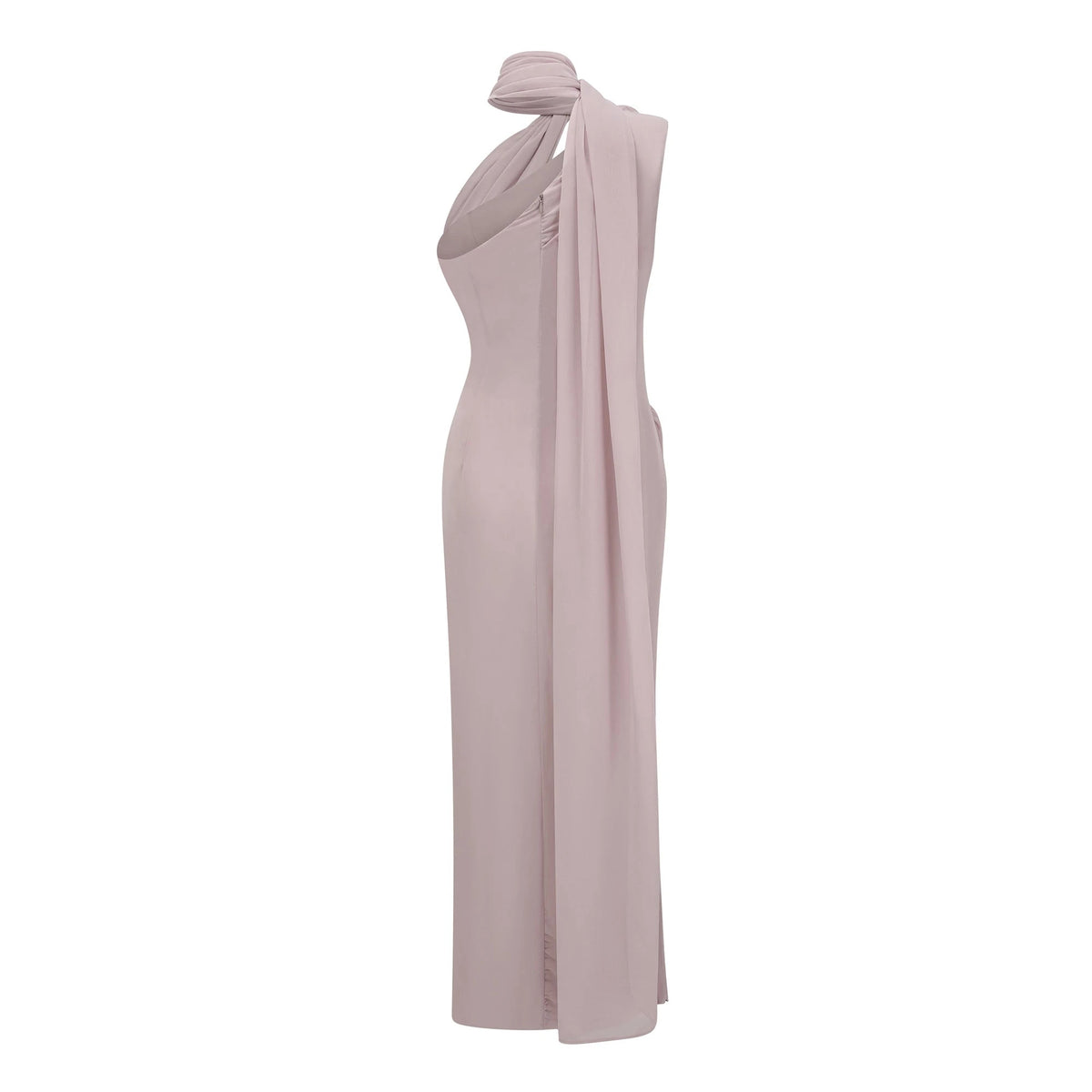 Wilhelmina Dusty Pink Asymmetrical Ruched Maxi Dress
