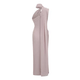 Wilhelmina Dusty Pink Asymmetrical Ruched Maxi Dress