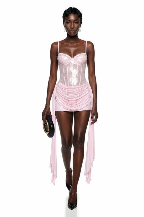 Lana Mini Dress Pink Ruched with Ribbon Detail