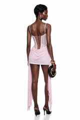 Wilhelmina Pink Ruched Mini Dress with Ribbon Detail