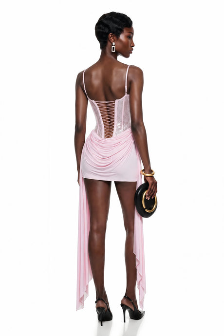 Lana Mini Dress Pink Ruched with Ribbon Detail