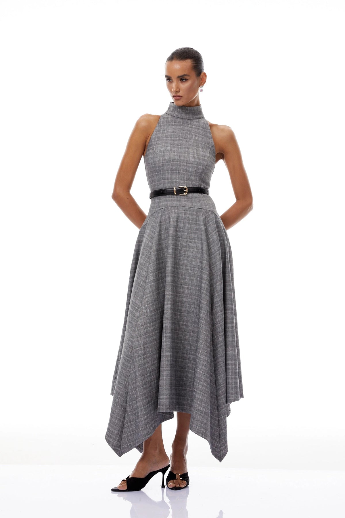 Wilhemine Grey Checked Tweed Maxi Dress Without Belt