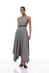 Wilhemine Grey Checked Tweed Maxi Dress Without Belt