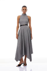 Wilhemine Grey Checked Tweed Maxi Dress Without Belt