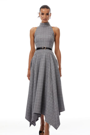 Wilhemine Grey Checked Tweed Midi Dress Without Belt