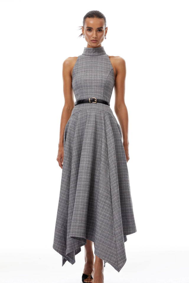 Wilhemine Grey Checked Tweed Midi Dress Without Belt