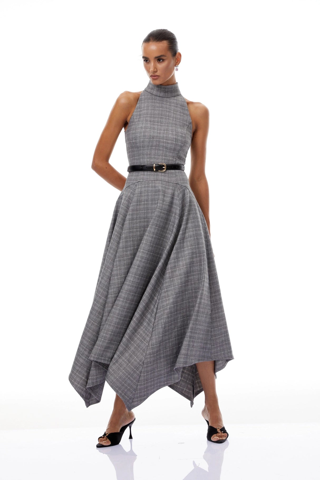 Wilhemine Grey Checked Tweed Midi Dress Without Belt
