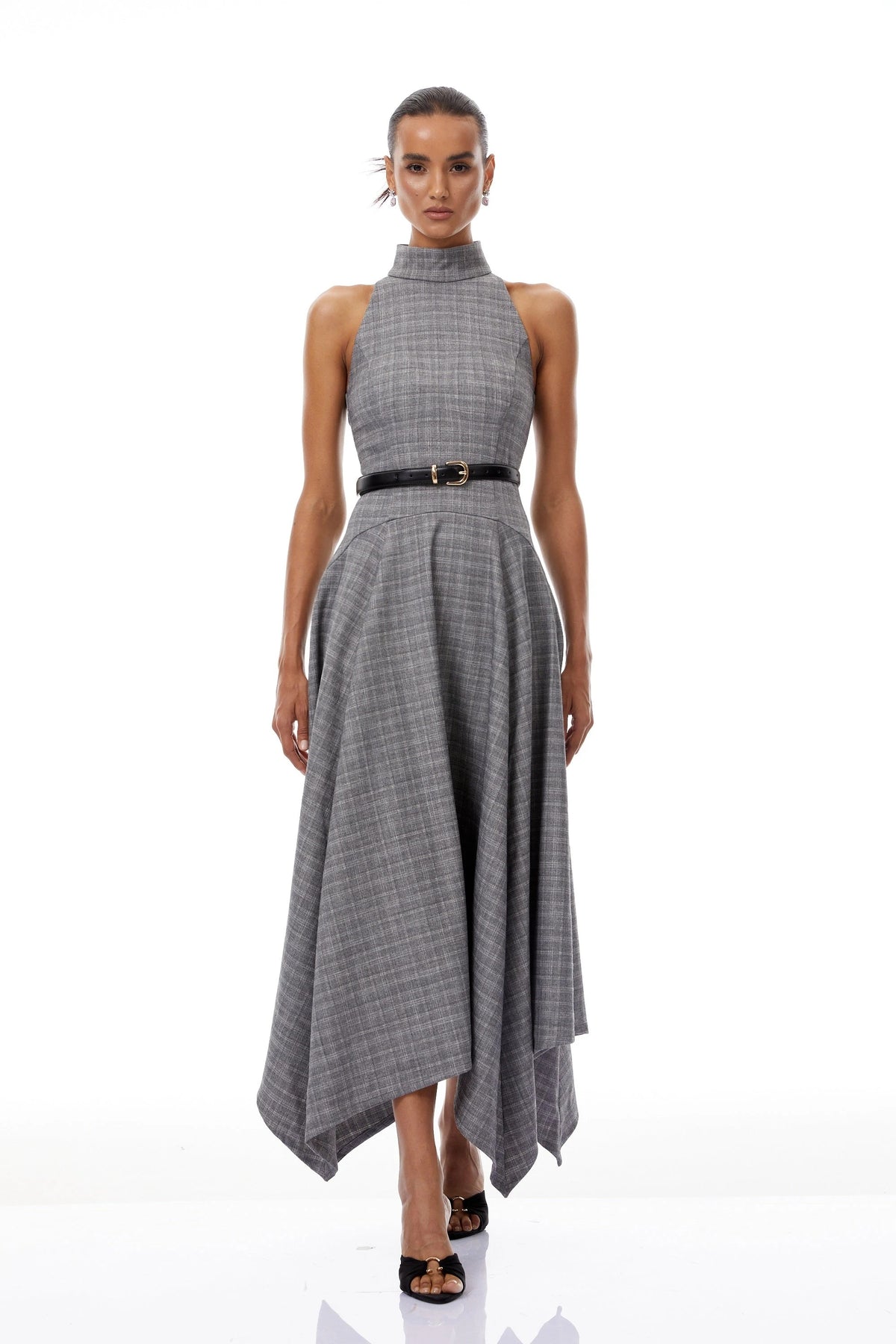 Wilhemine Grey Checked Tweed Midi Dress Without Belt