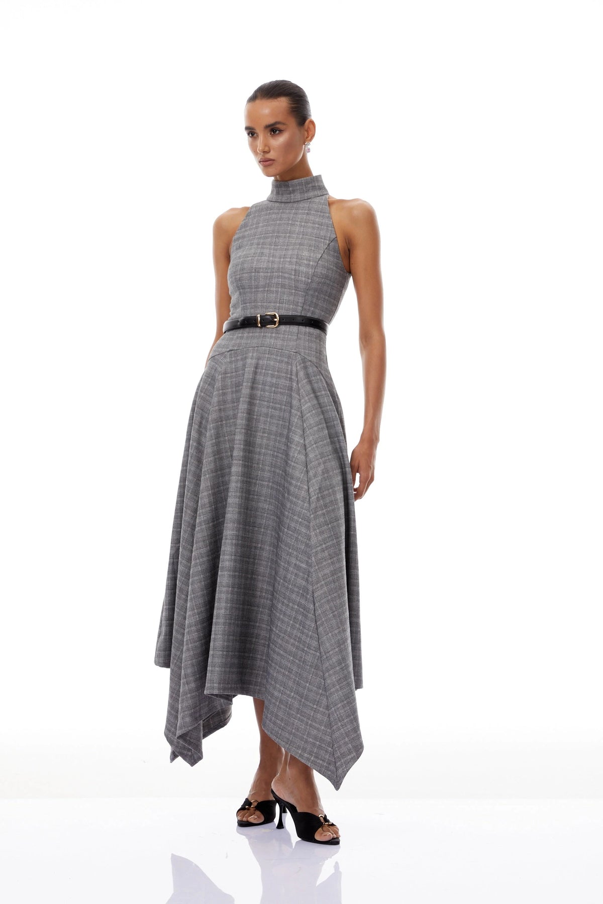 Wilhemine Grey Checked Tweed Midi Dress Without Belt