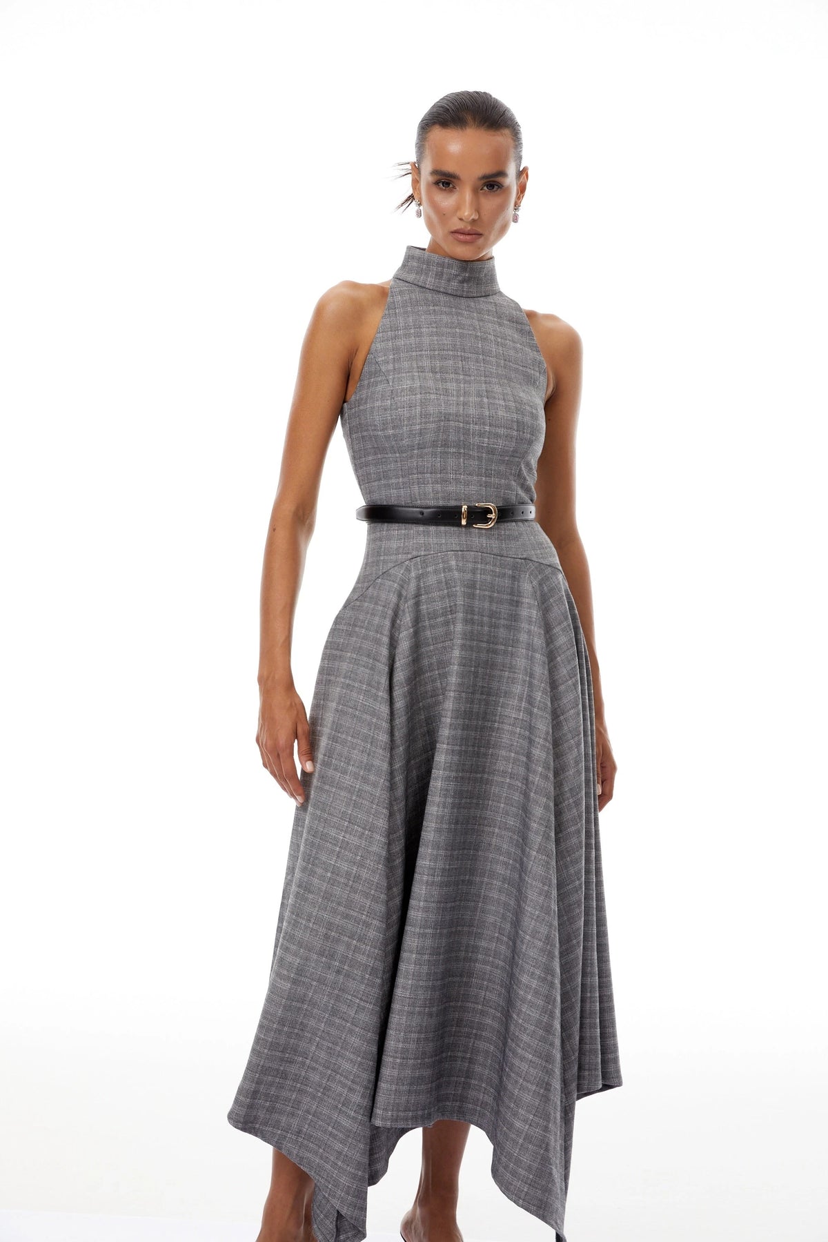 Wilhemine Grey Checked Tweed Midi Dress Without Belt