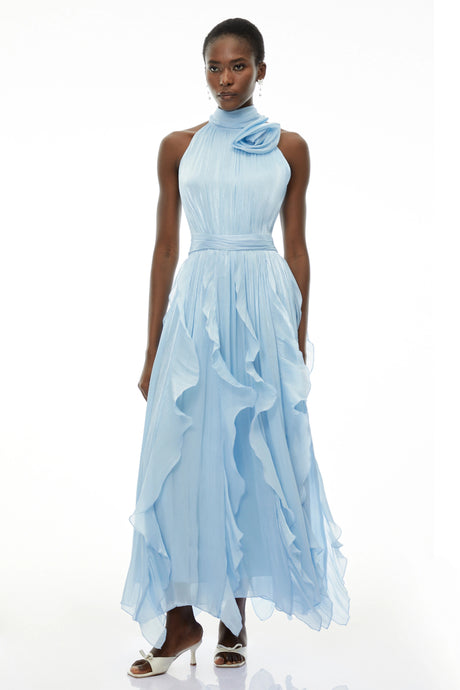 Ester Maxi Dress Dusty Blue Halterneck Ruched with 3D Florals