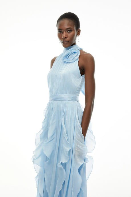 Ester Maxi Dress Dusty Blue Halterneck Ruched with 3D Florals