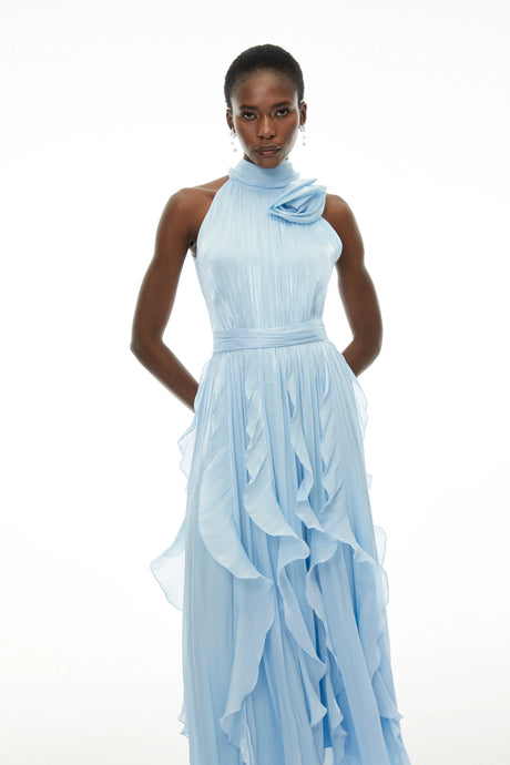 Ester Maxi Dress Dusty Blue Halterneck Ruched with 3D Florals