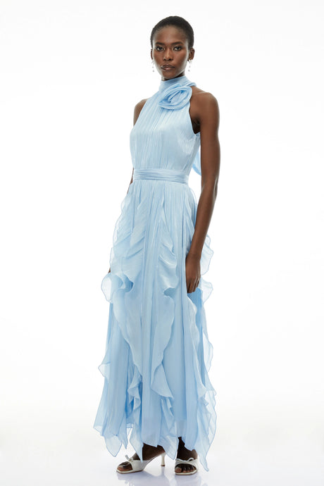 Ester Maxi Dress Dusty Blue Halterneck Ruched with 3D Florals