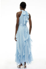 Willow Dusty Blue Halterneck Ruched Maxi Dress with 3D Florals