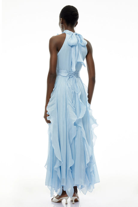 Ester Maxi Dress Dusty Blue Halterneck Ruched with 3D Florals