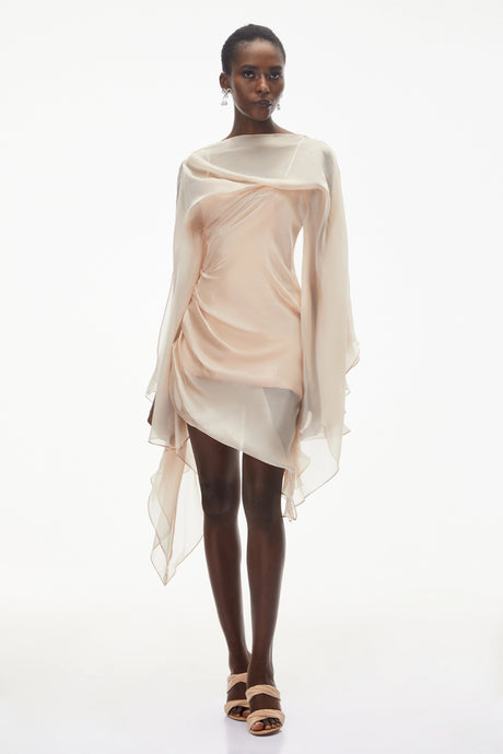 Angelica Mini Dress Pink Asymmetrical Ruched Mesh