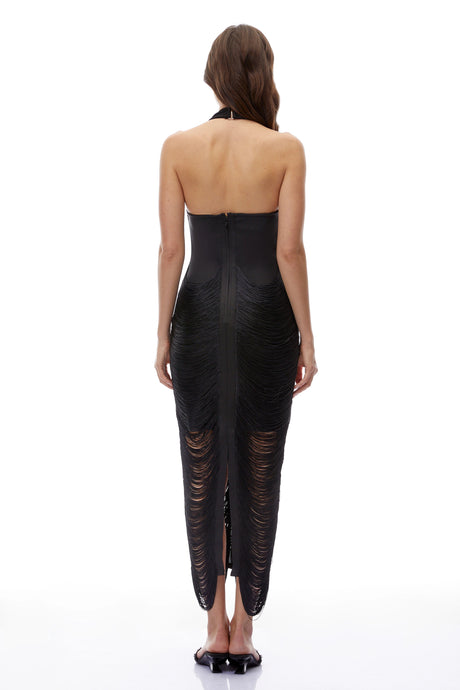 Khloe Maxi Dress Black Halterneck Fringe