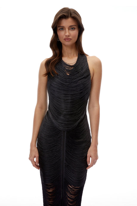 Khloe Maxi Dress Black Halterneck Fringe