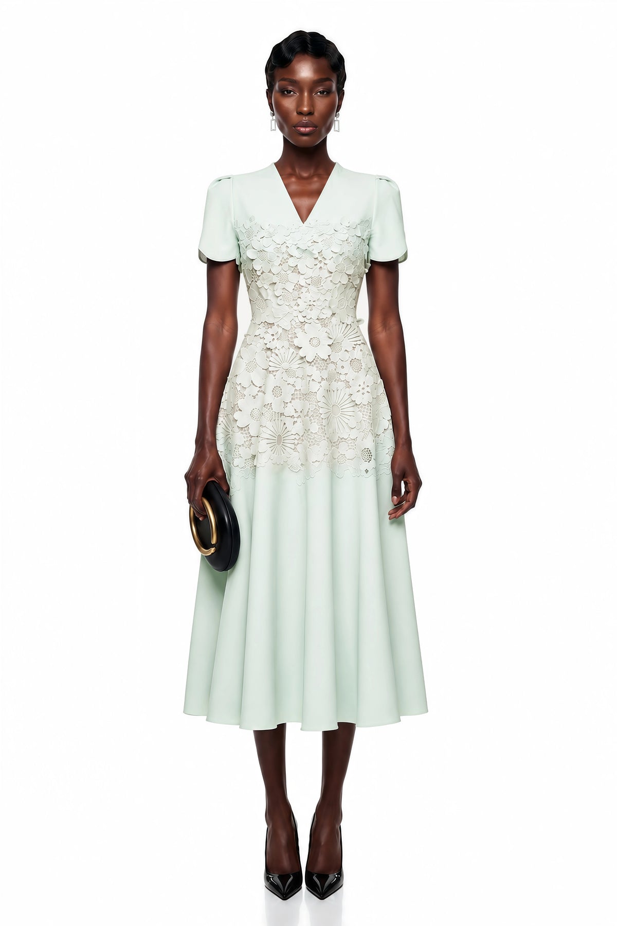 Winifred Mint Green VNeck Midi Dress with Puff Sleeves
