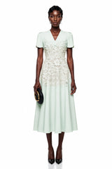 Winifred Mint Green VNeck Midi Dress with Puff Sleeves