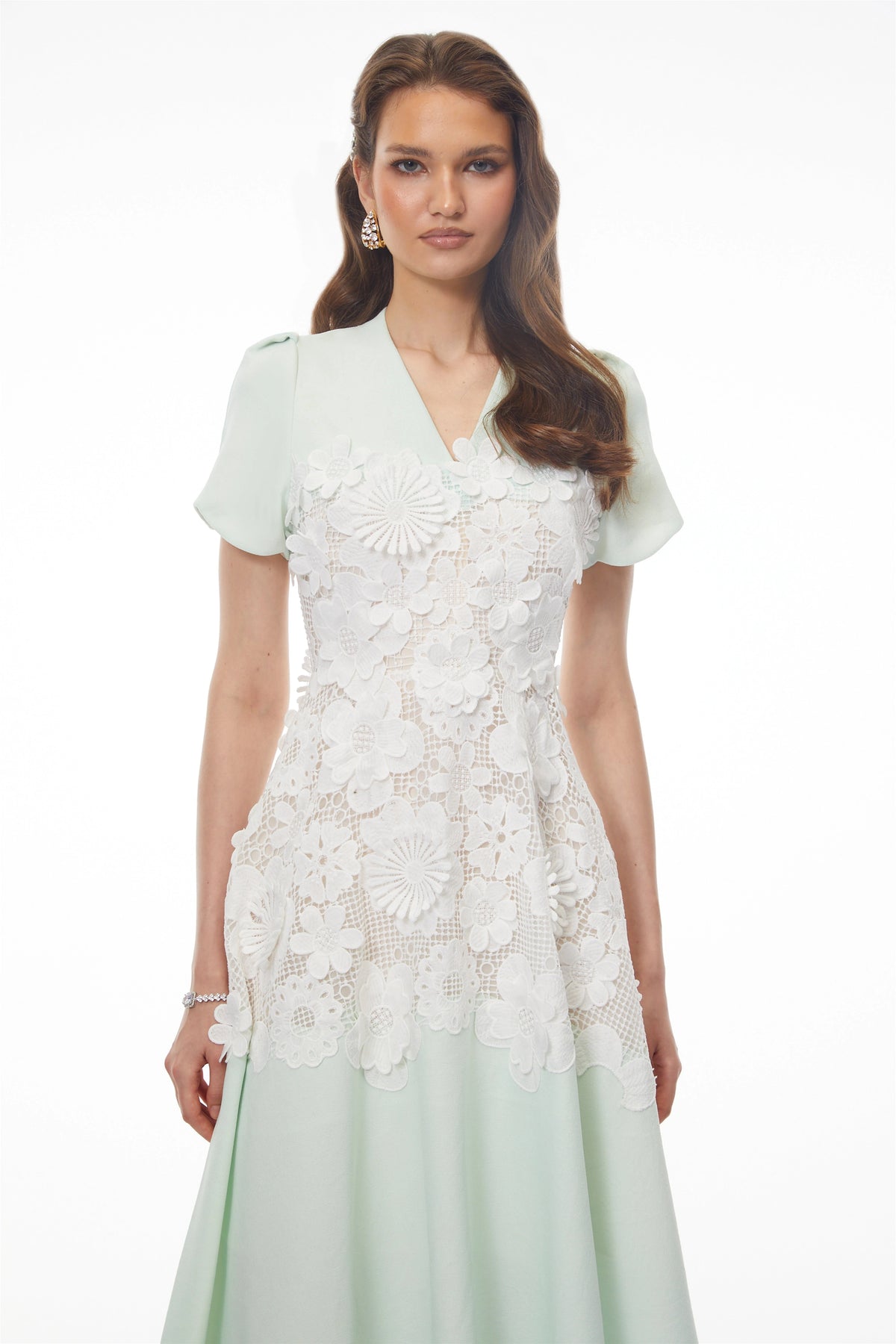 Winifred Mint Green VNeck Midi Dress with Puff Sleeves