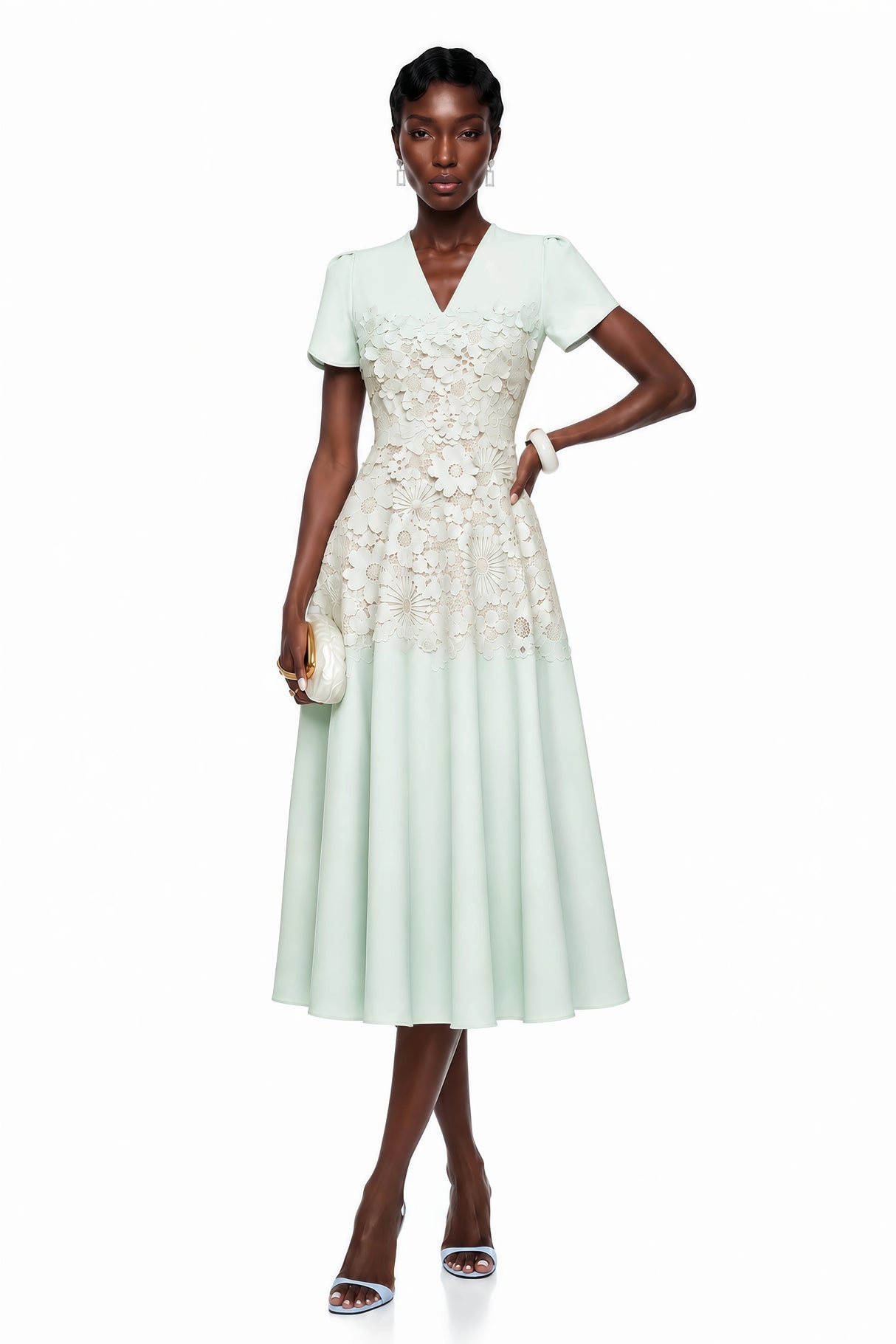 Winifred Mint Green VNeck Midi Dress with Puff Sleeves