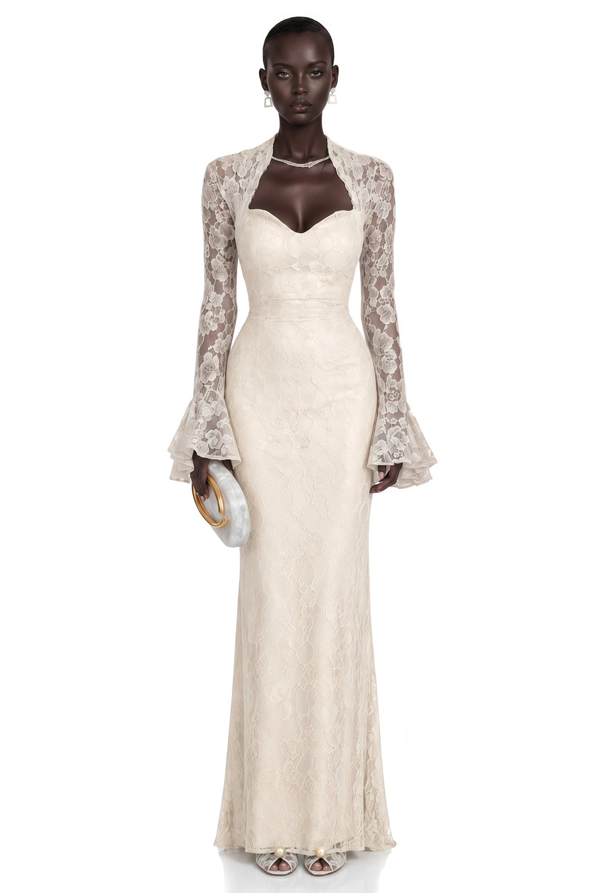 Winifred White Floral Lace Maxi Dress with Bell Sleeves