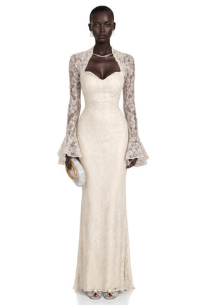 Winifred White Floral Lace Maxi Dress with Bell Sleeves