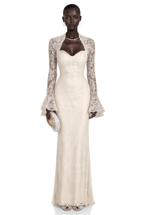 Winter Maxi Dress White Floral Lace with Bell Sleeves