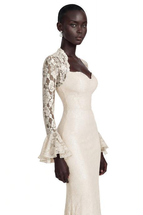 Winter Maxi Dress White Floral Lace with Bell Sleeves