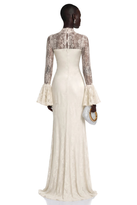 Winter Maxi Dress White Floral Lace with Bell Sleeves