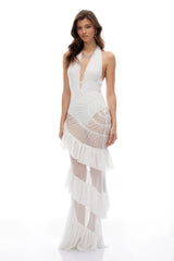 Winifred White Halterneck Ruched Sheer Maxi Dress