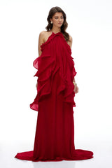 Winnie Red Halterneck Ruffled Maxi Dress