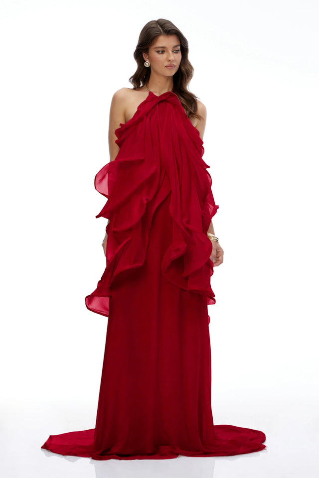 Winnie Red Halterneck Ruffled Maxi Dress