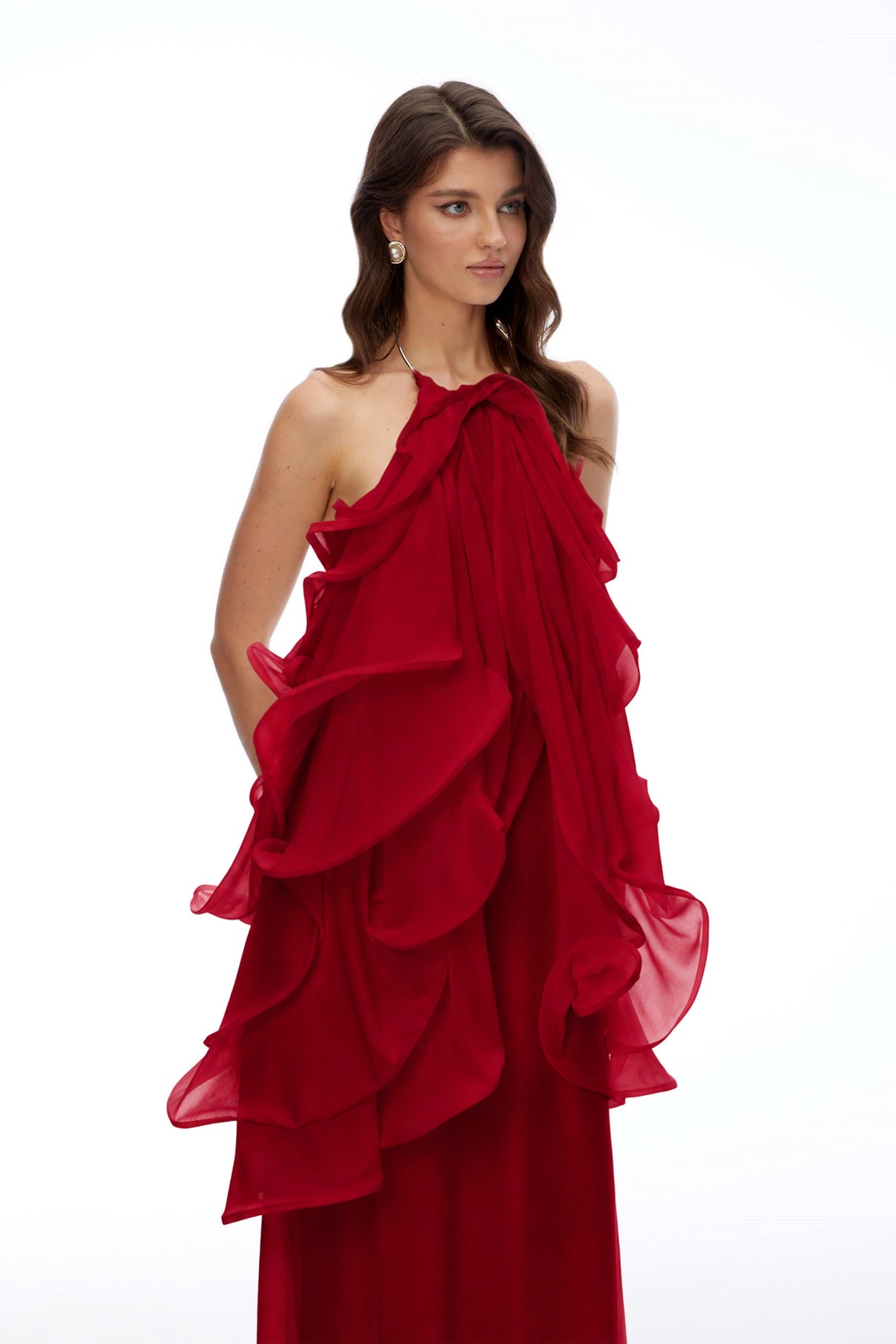Winnie Red Halterneck Ruffled Maxi Dress
