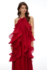 Winnie Red Halterneck Ruffled Maxi Dress