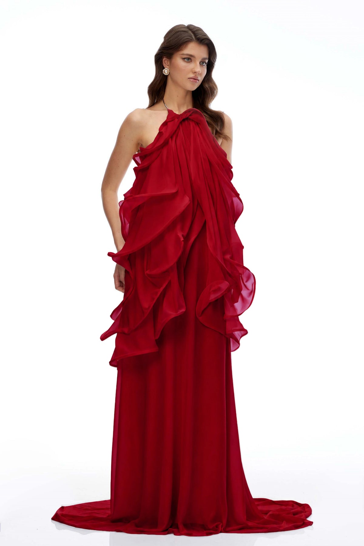 Winnie Red Halterneck Ruffled Maxi Dress