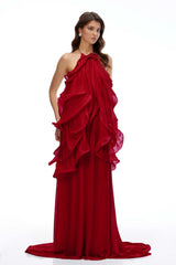 Winnie Red Halterneck Ruffled Maxi Dress