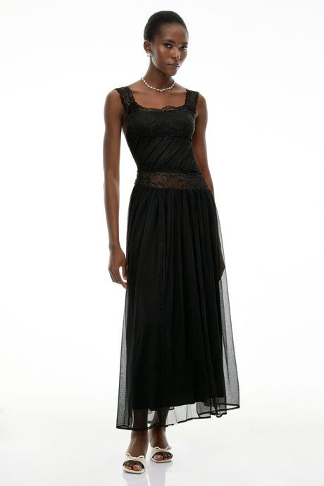 Meredith Maxi Dress Black Pleated with Lace Panels