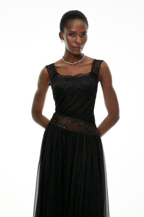 Meredith Maxi Dress Black Pleated with Lace Panels