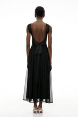 Wolfgang Black Pleated Maxi Dress with Lace Panels